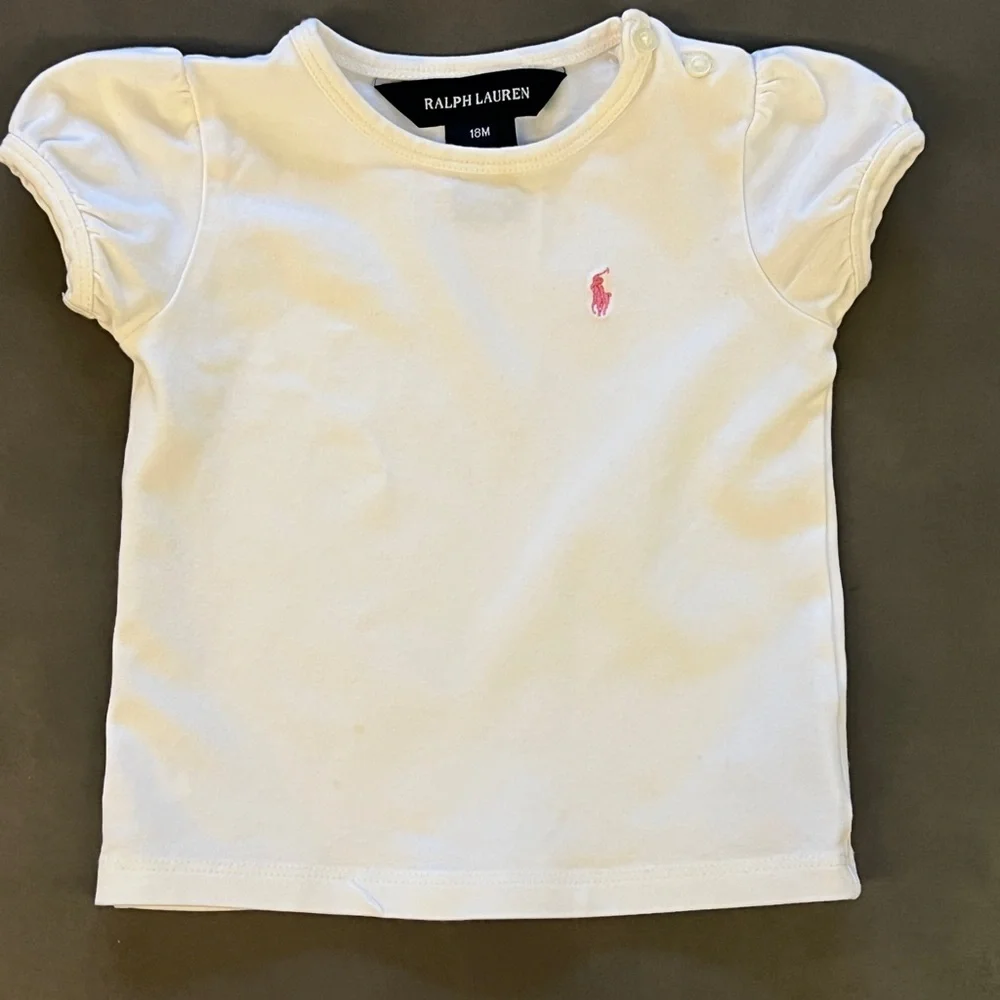 Ralph Lauren Girl's White T-Shirt Crewneck with Pink Logo Sz 18M